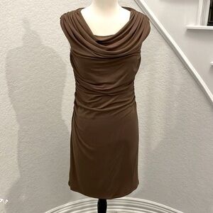 Spense fully lined, draped sheath dress with ruching in mocha brown.  8 petite.